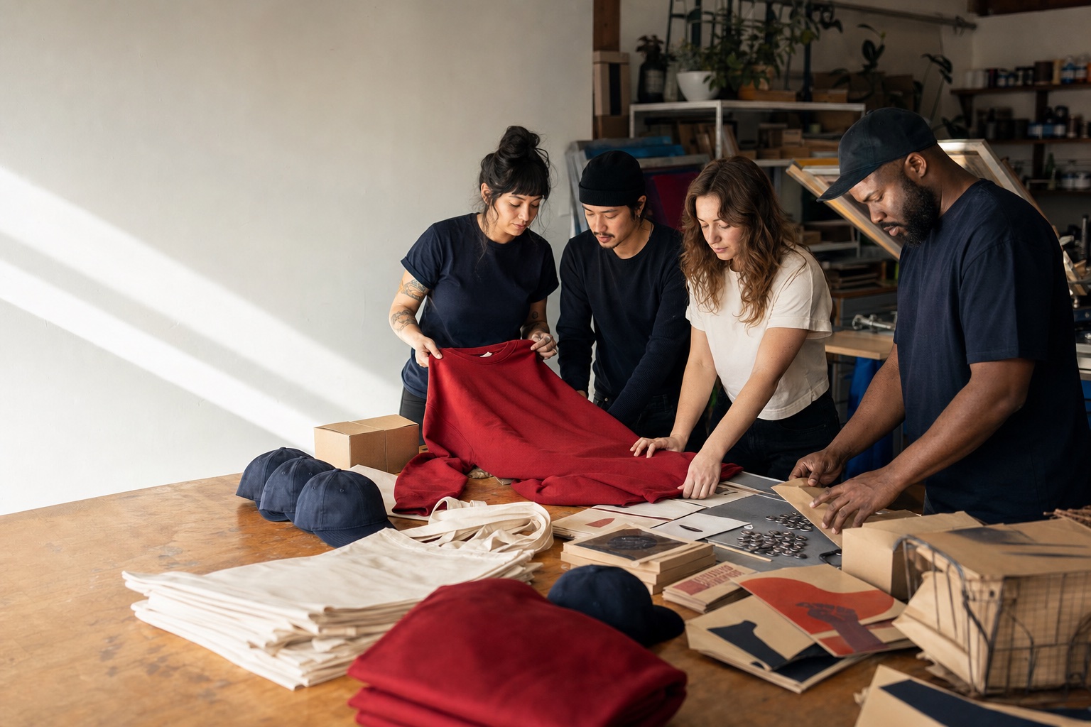 Union workers inspecting branded apparel in a production studio